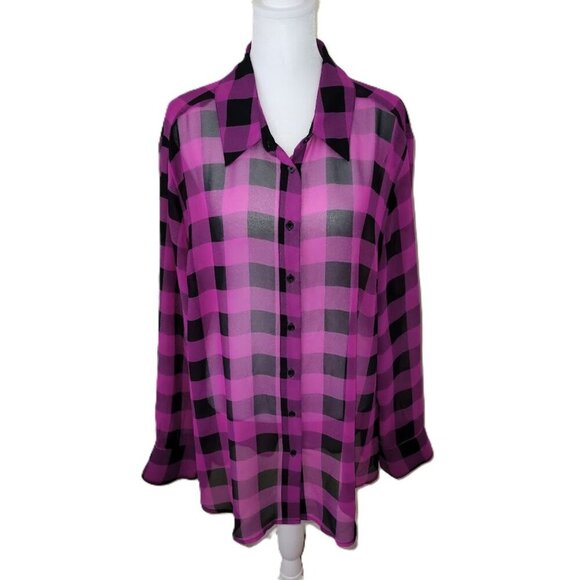 Lane Bryant Sheer Plaid Chiffon Long Sleeve Button-up Top Fuchsia Black SZ 18/20 - Picture 1 of 14